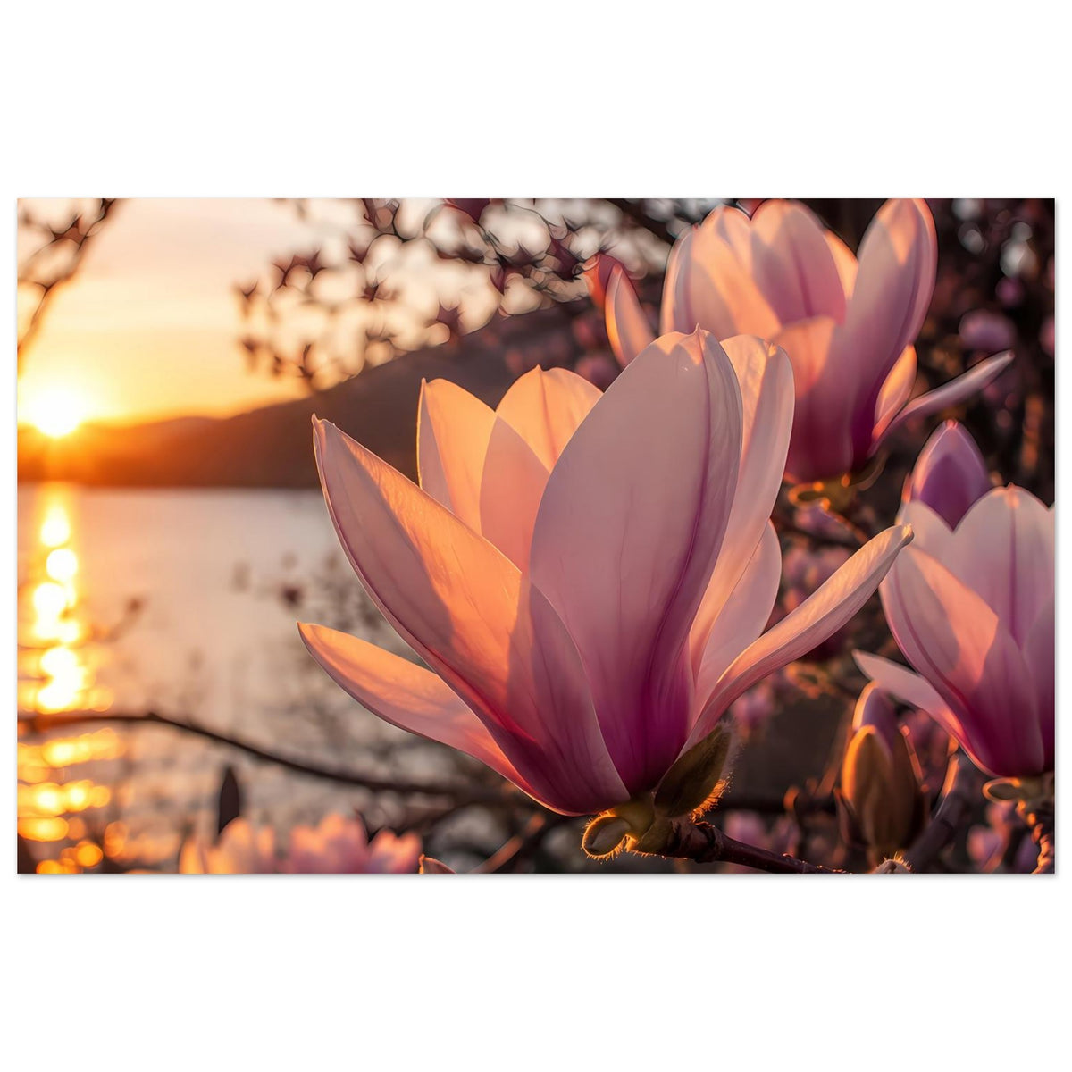 Magnolienblüten-Poster, horizontal: lila Magnolienblüten am Ast