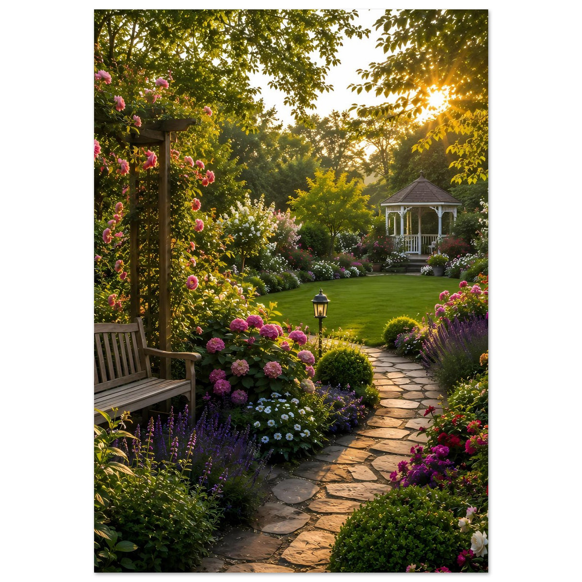 Gartenposter mit Rosenblüten, Steinpfad, Bank am Geländer und Blick zum Pavillon