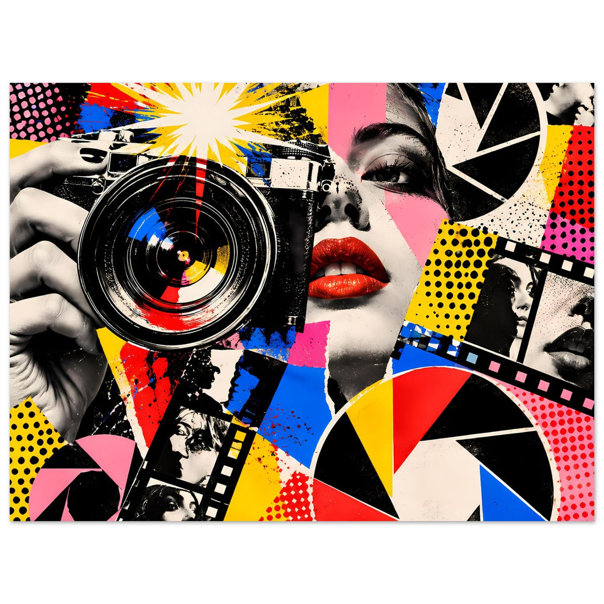 Pop-Art-Fotografie-Poster mit Kamera-Linse, kontrastreichem Gesicht und geometrischen Mustern