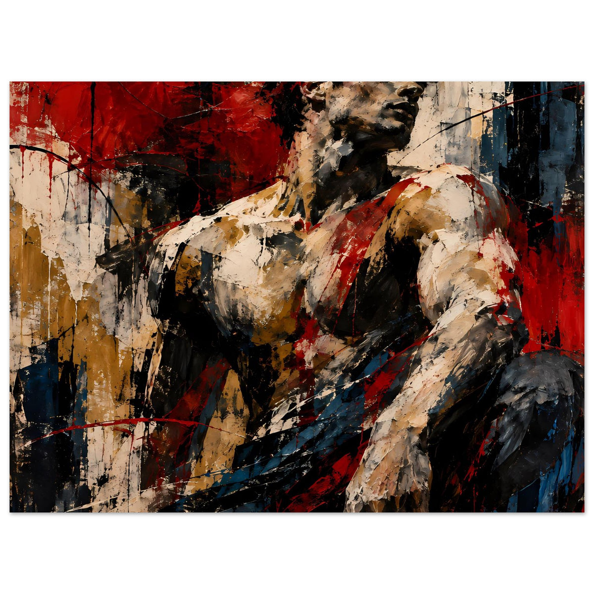 Abstraktes Muskelkunst-Poster mit gemischten Farbspuren und Torso in Schwarz, Rot und Beige