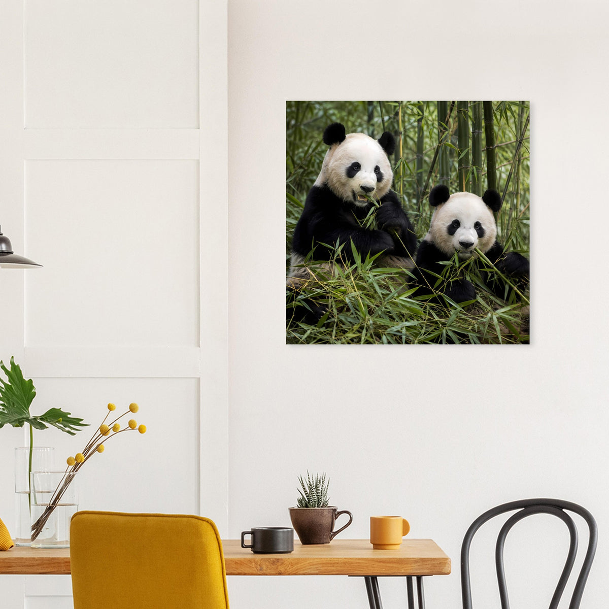 Wandposter mit zwei Pandas im Bambuswald, quadratisches Motiv
