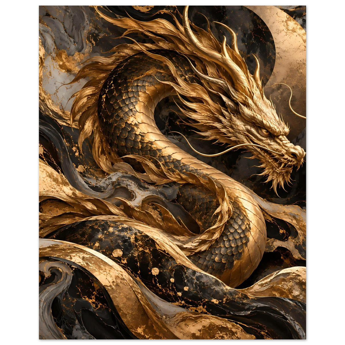 Fantasy-Poster: goldener Drachenkopf mit Mähne und Drachenauge, schuppiger Körper, dunkles Motiv