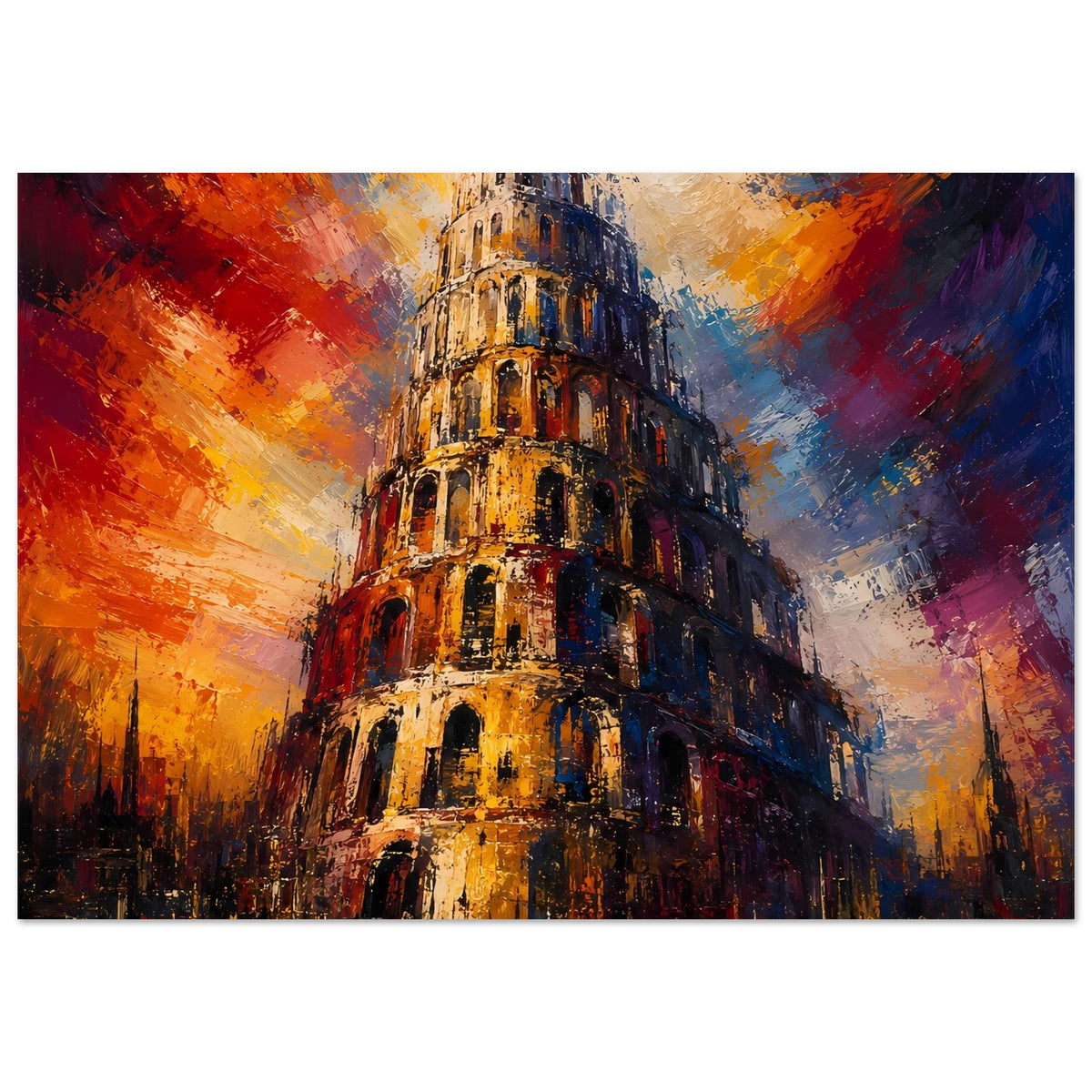 Poster im Querformat mit Turm von Babel, vielfältige Pinseltexturen