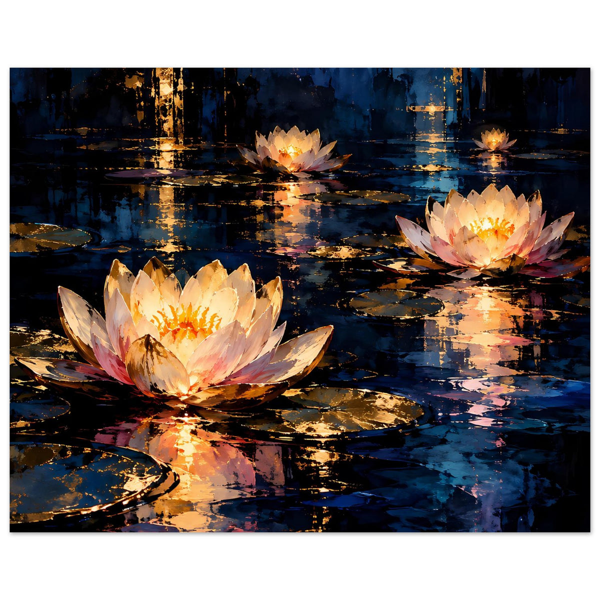 Blumenposter: große Seerosen mit goldenen Reflexen auf tiefblauem, schimmerndem Wasser