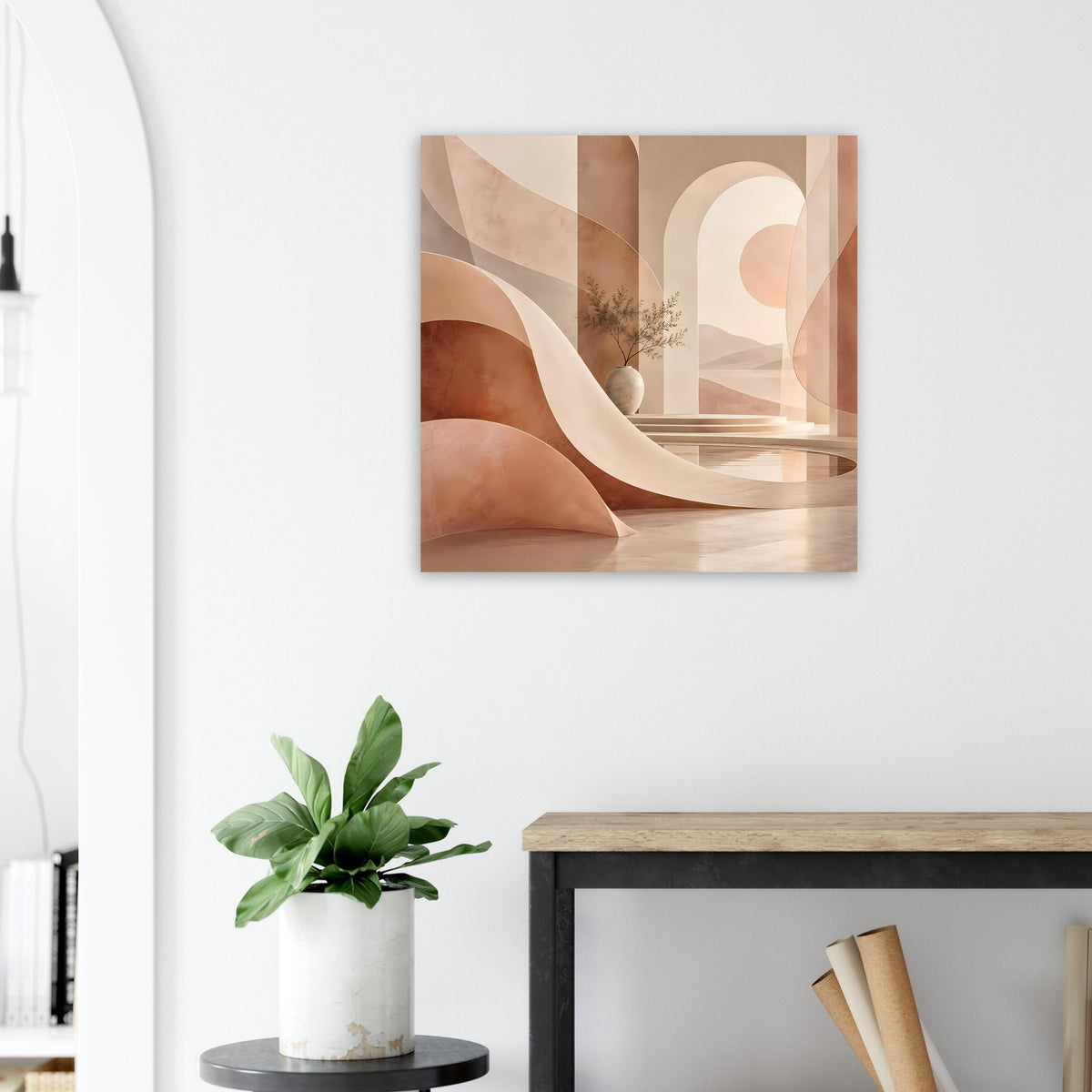 Abstraktes Poster im Holzrahmen mit Torbogenformen und sanften Beige-Rosa-Flächen
