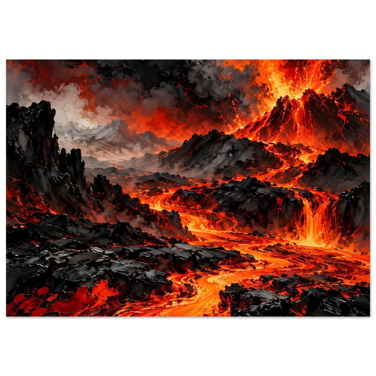 Vulkan-Ausbruch Poster, horizontales Motiv mit Lavaebene, Rauchwolken und Feuerfontänen