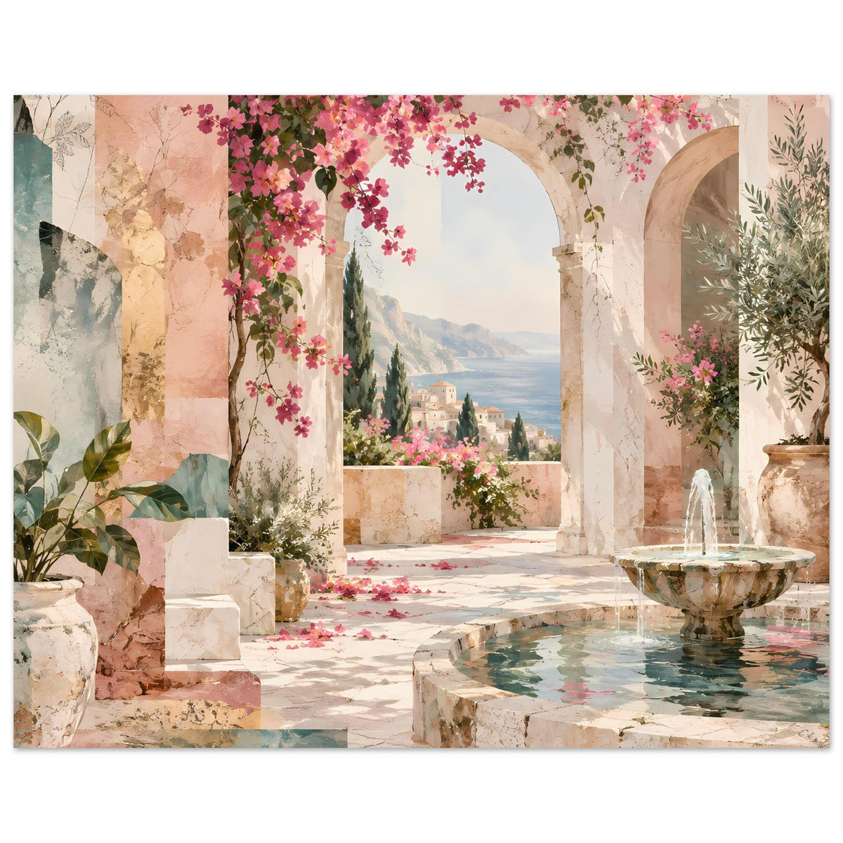 Kunstposter mit Arkadenflur, rosa Blüten und Rundbrunnen im Steinbecken.