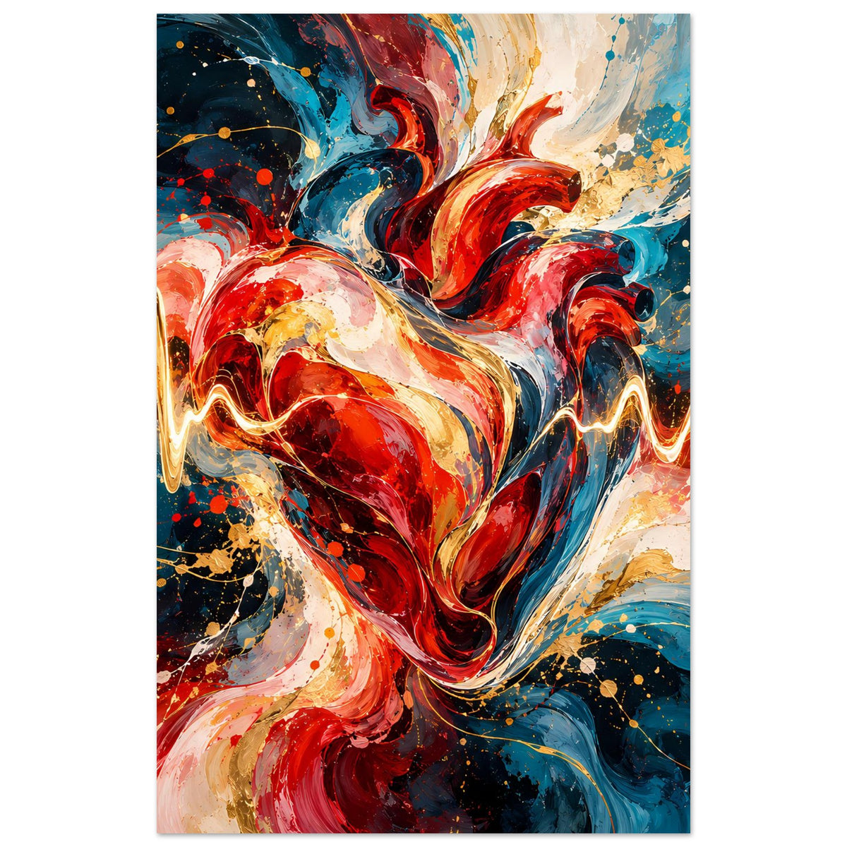 Poster im Hochformat: abstraktes Herz mit EKG-Linie, rot-blau-gold, gemischte Farbsprenkel
