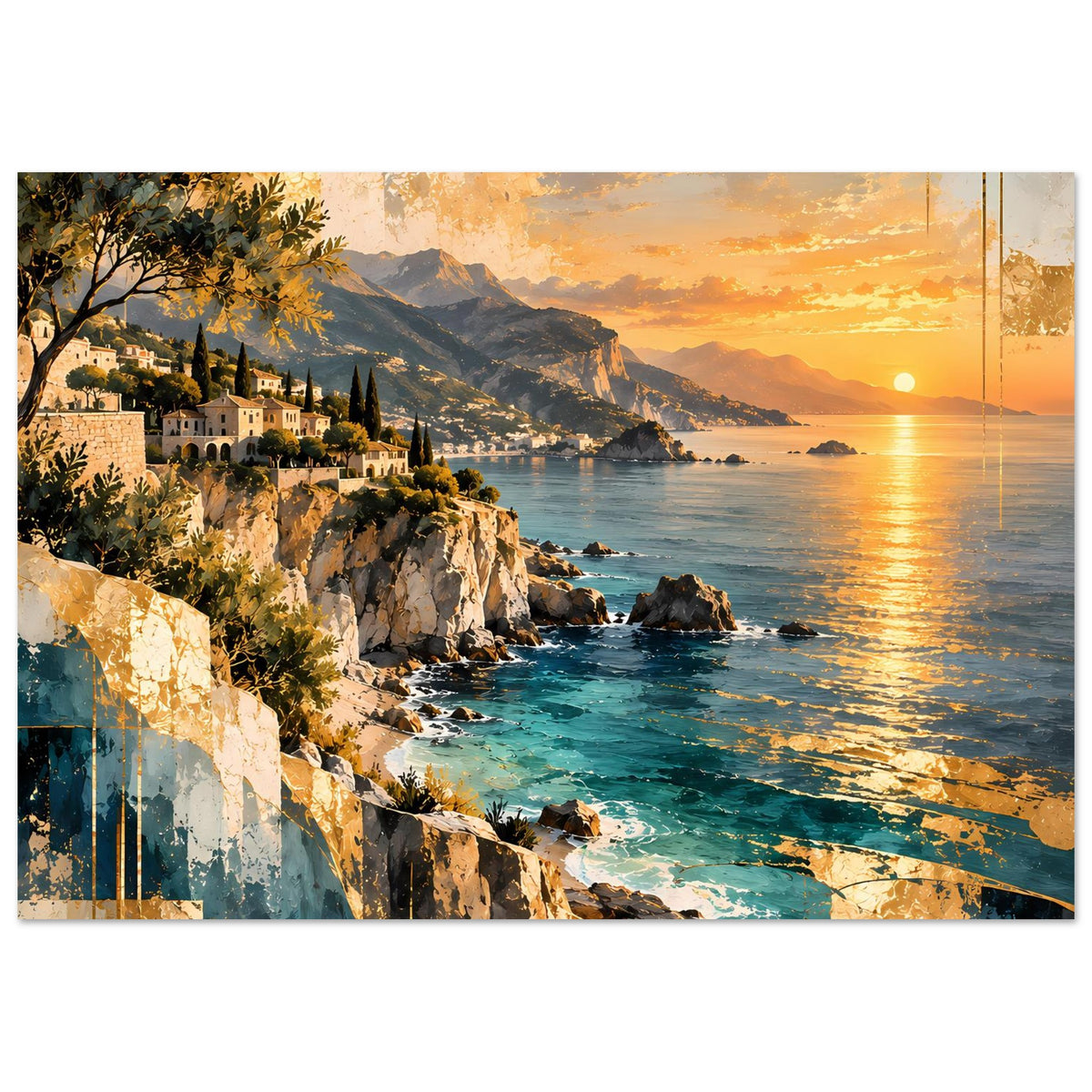 Poster mit Sonnenuntergang an der Küste, Meer und Klippen mit Häusern