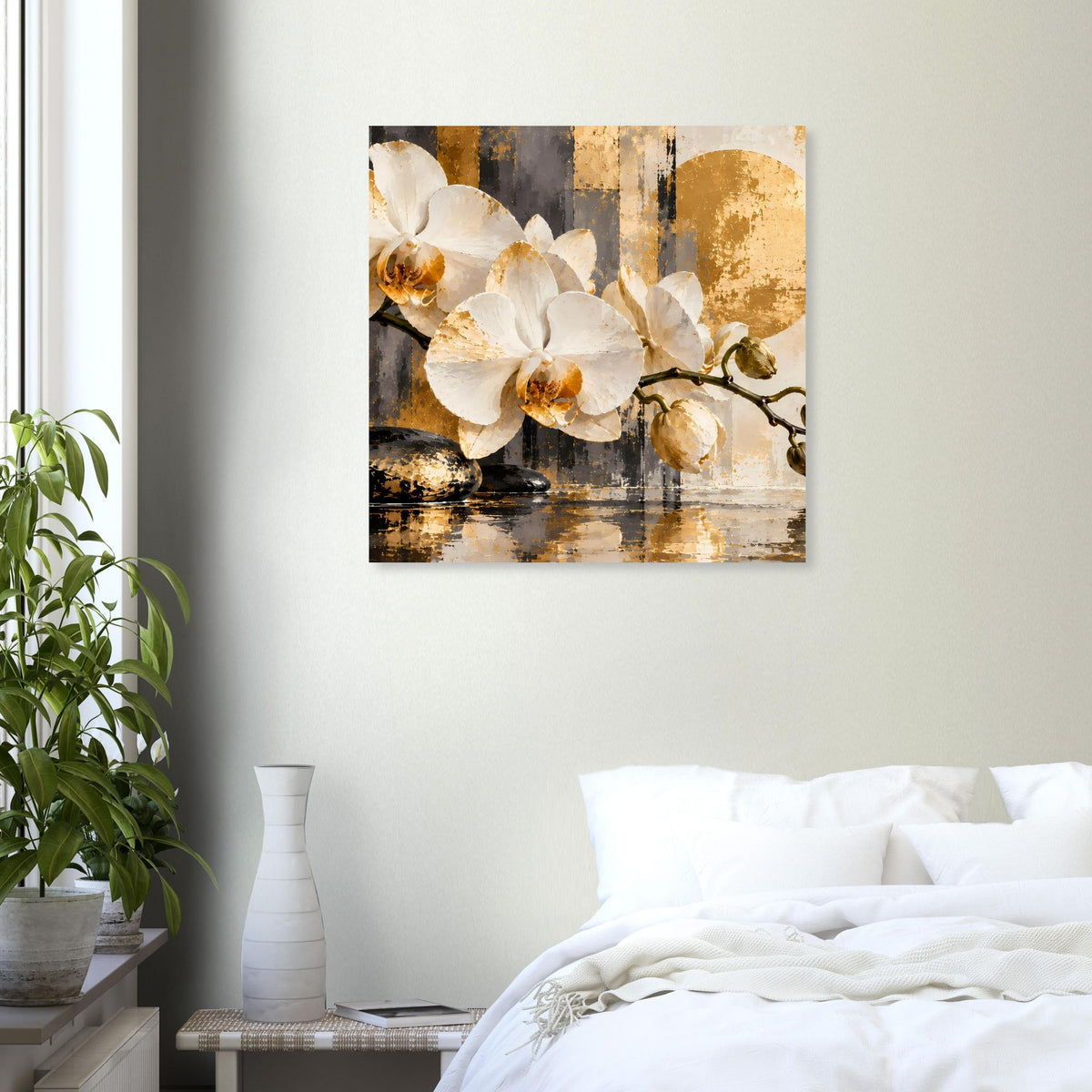 Quadratisches Orchideenbild mit weißen Blüten und Gold-Schwarz-Aquarelloptik