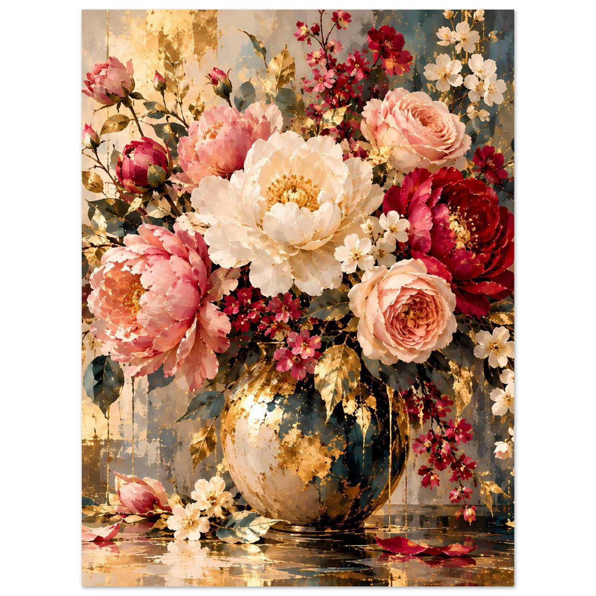 Vertikales Blumenposter mit Rosen, Pfingstrosen und Blüten, Glasvase, Pastellrosa bis Burgunderrot