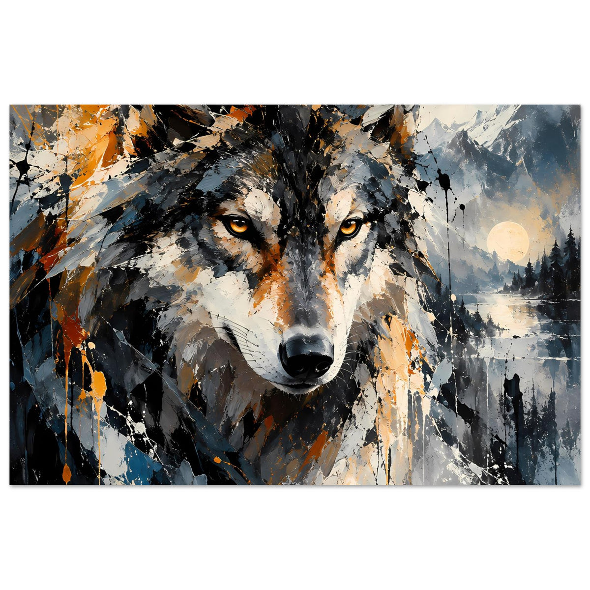 Abstraktes Wolfsposter mit orange-grauen Farbspritzern, gelben Augen und schwarzem Fell-Detail
