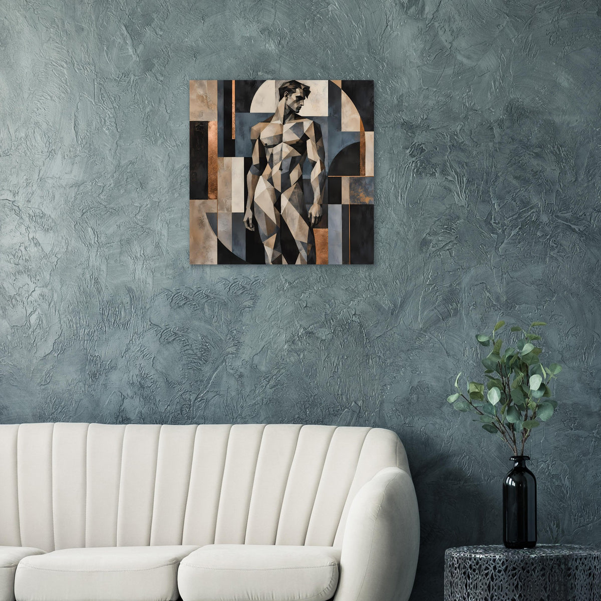Kunstposter mit geometrischer Aktfigur im Blockmuster, warme und dunkle Farbfelder