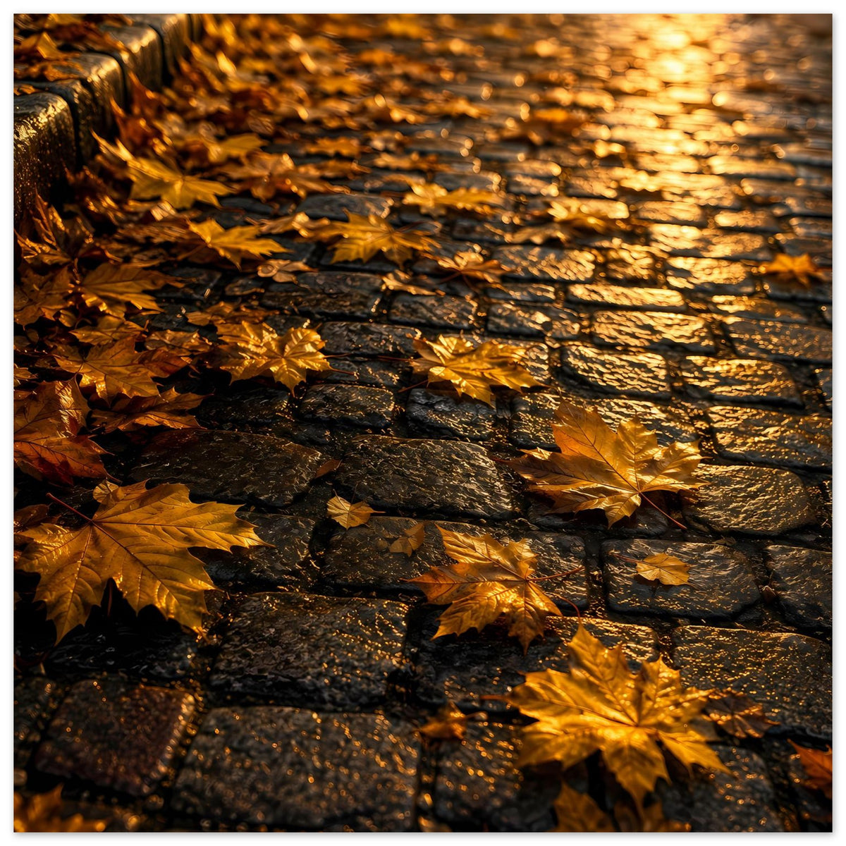 Herbstposter mit goldenen Blättern auf dunklen Steinreihen, warm beleuchtet