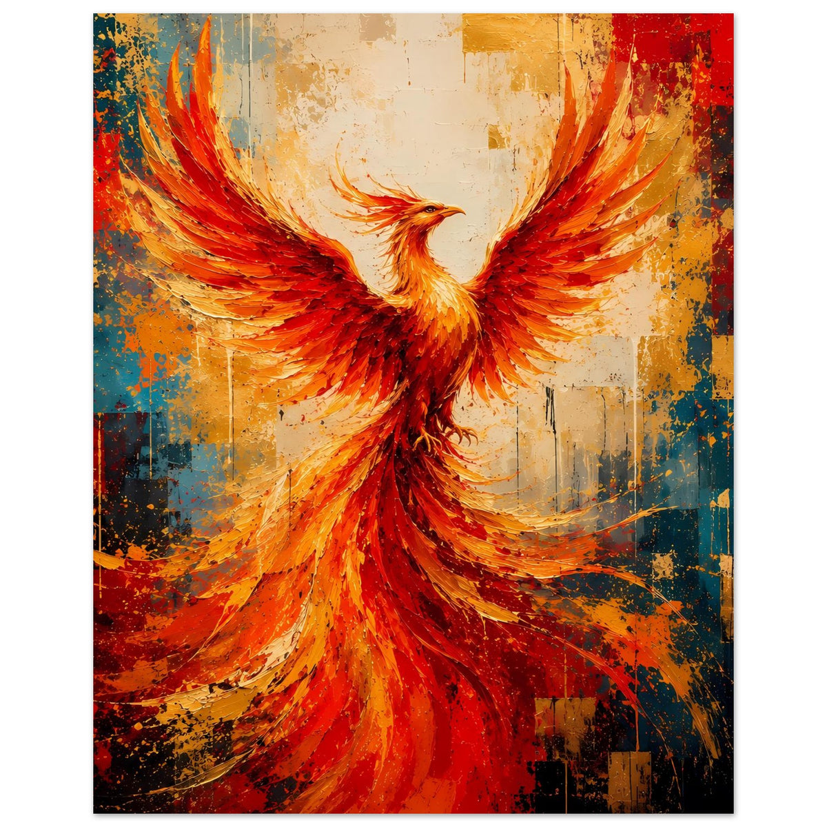 Wandposter mit leuchtendem Phönix, kräftig rot-orange Flügel, zentraler Vogel im Querformat