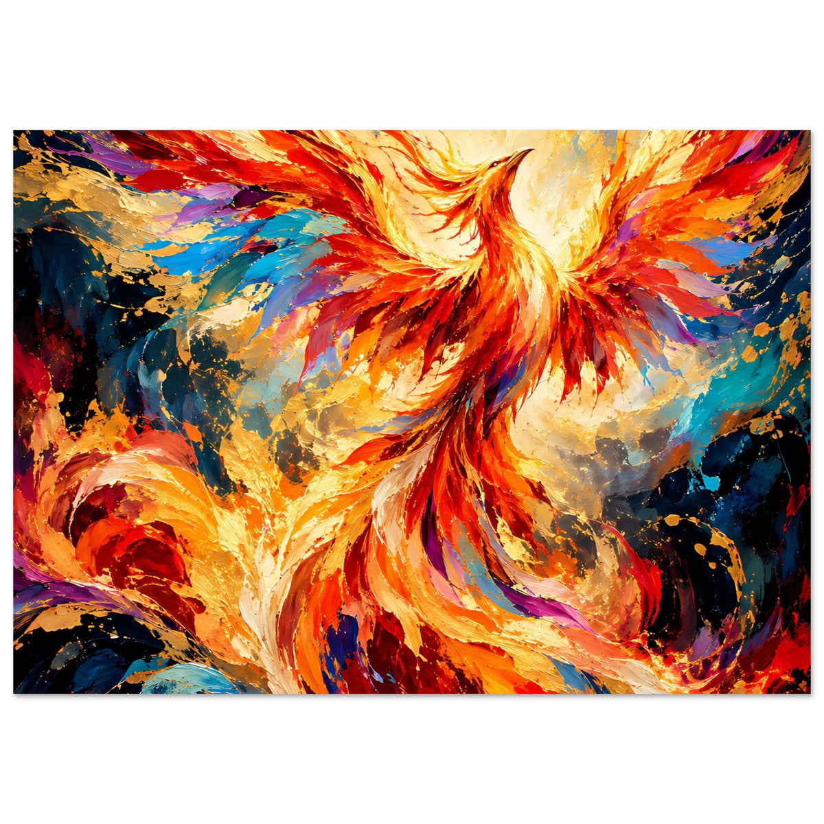 Leuchtendes Phönix-Porträt als Premium-Poster, breite Darstellung mit bunten Feuerflügeln