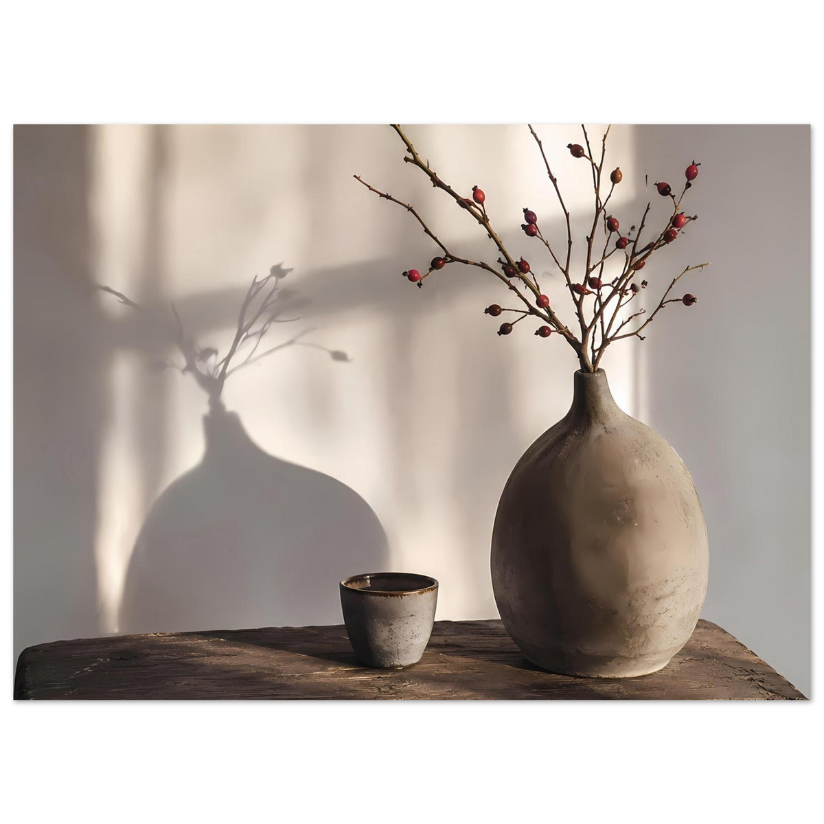Poster im Querformat: große Vase mit roten Beerenzweigen, kleiner Becher auf Holzplatte
