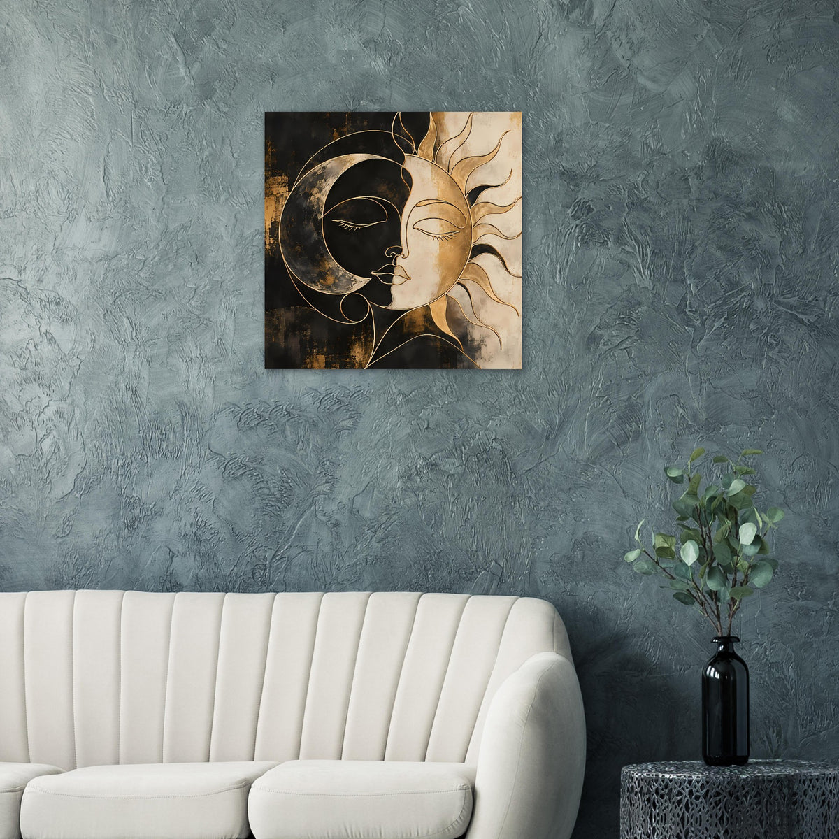 Quadratisches Kunstposter mit Sonne-und-Mond-Gesicht in Schwarz und Gold, modern gestaltet