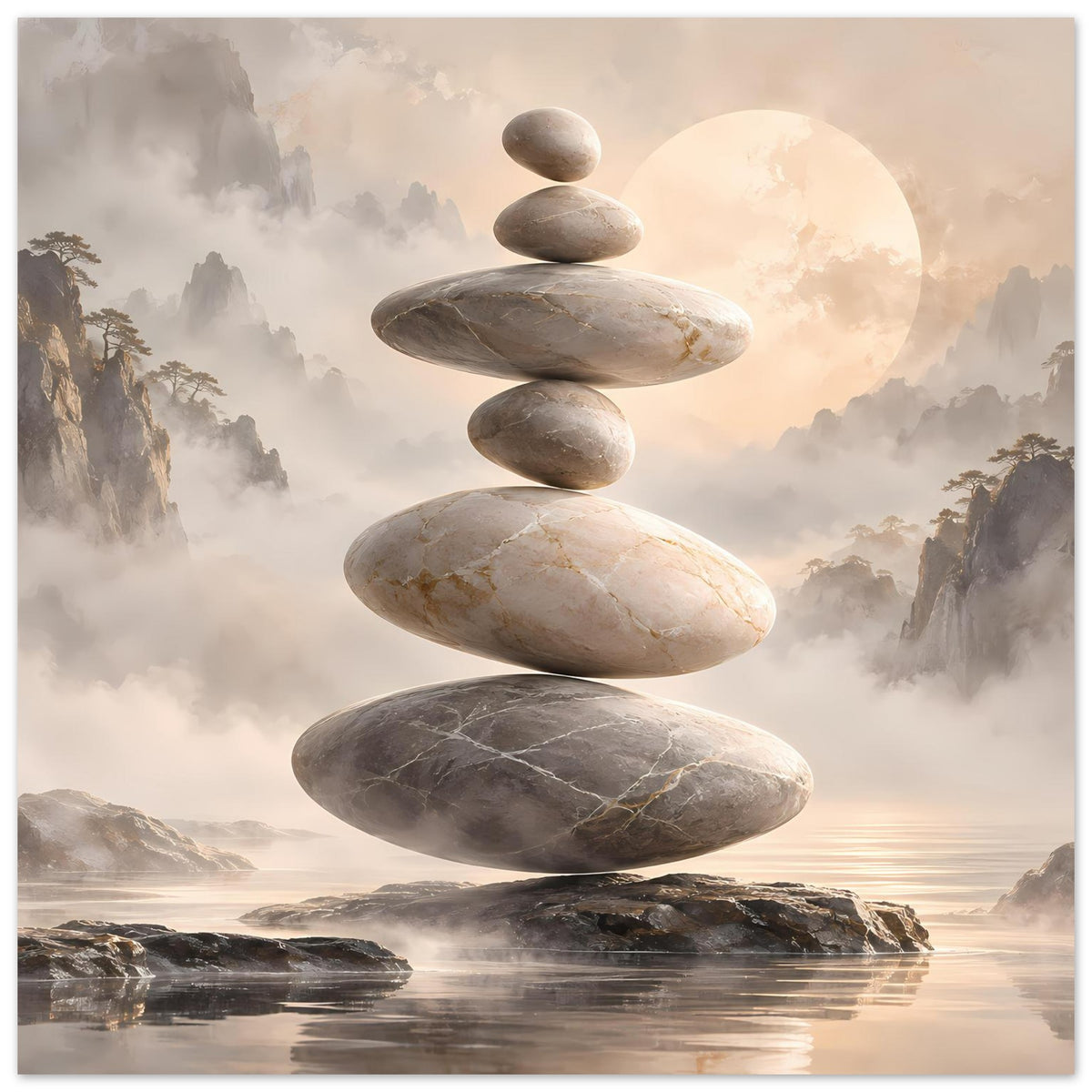 Zen-Steine in Balance vor nebligem Hintergrund in sanften Beige- und Grautönen – Posteransicht 8