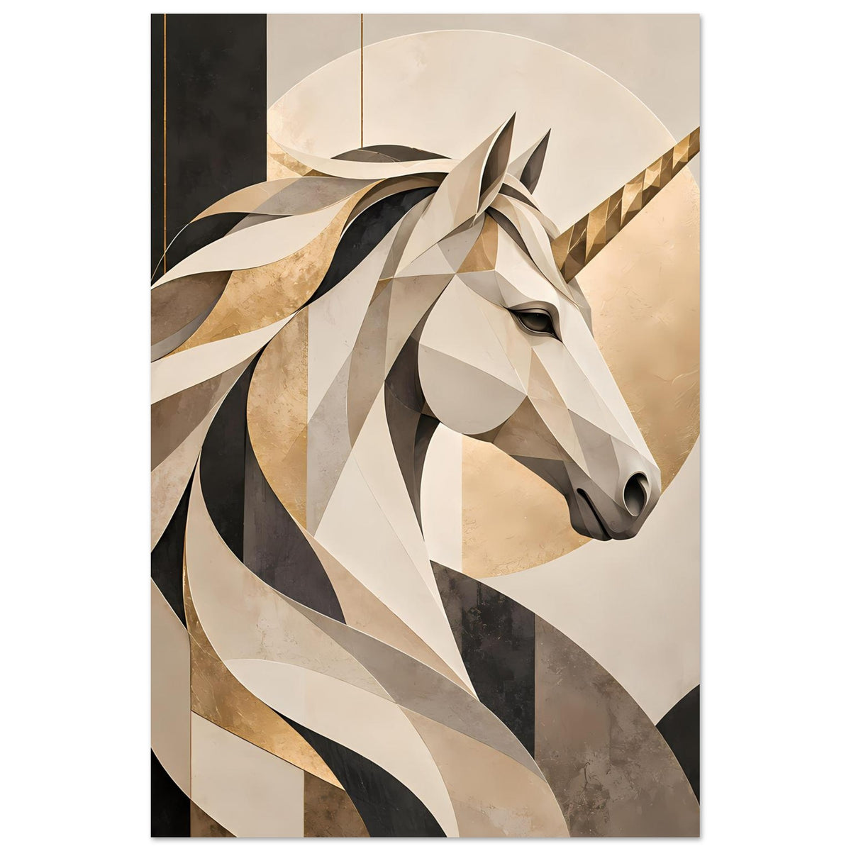 Vertikales Poster mit geometrischem Einhorn-Porträt, beige und dunkle Akzente