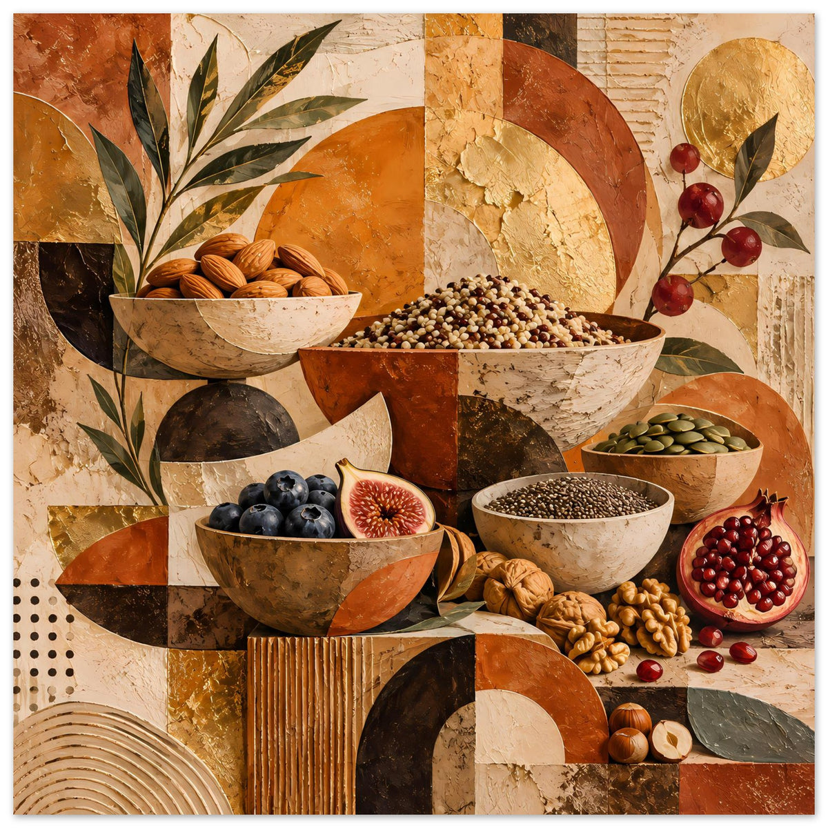 Poster mit rustikalem Motiv: Schalen mit Nüssen, Beeren und Kräutern in warmen Erdtönen