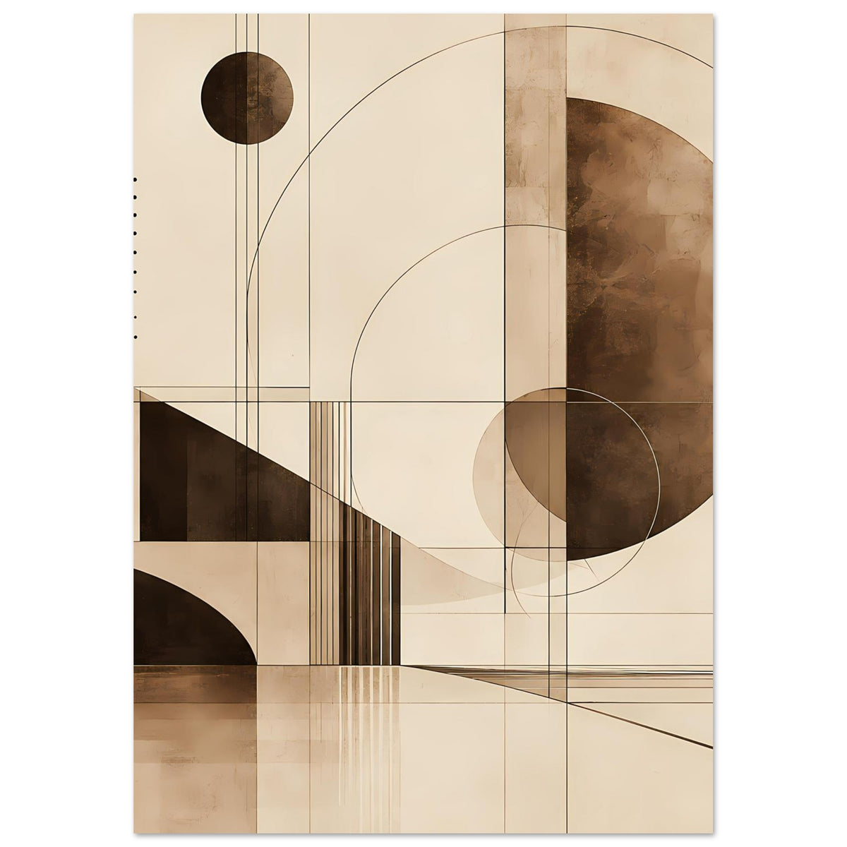 Gerahmter hochformatiger geometrischer Kunstdruck in Sepia mit Kreisformen und Raster