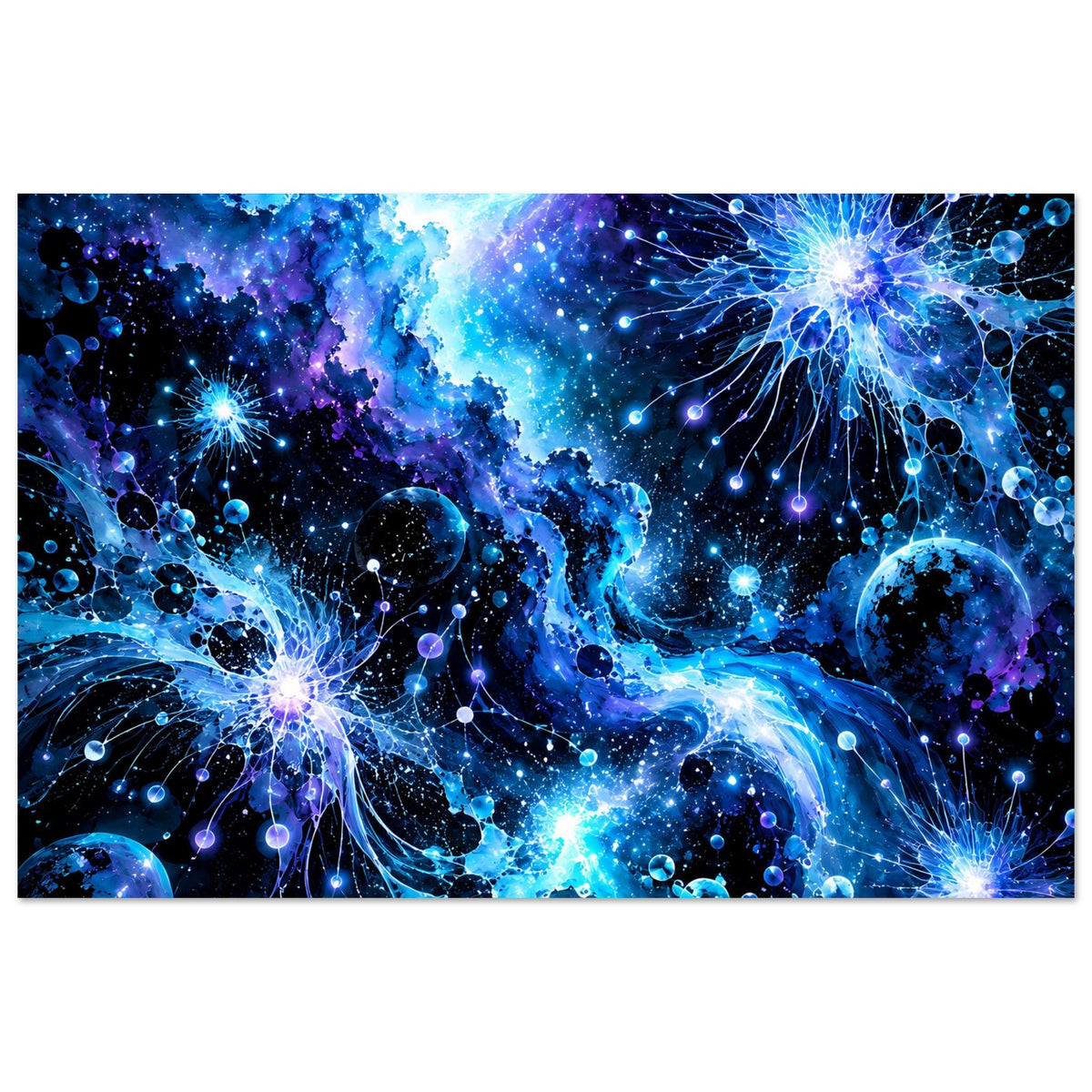 Galaktisches Poster mit blauen Galaxienwolken, Planeten und leuchtenden Punktstrahlen