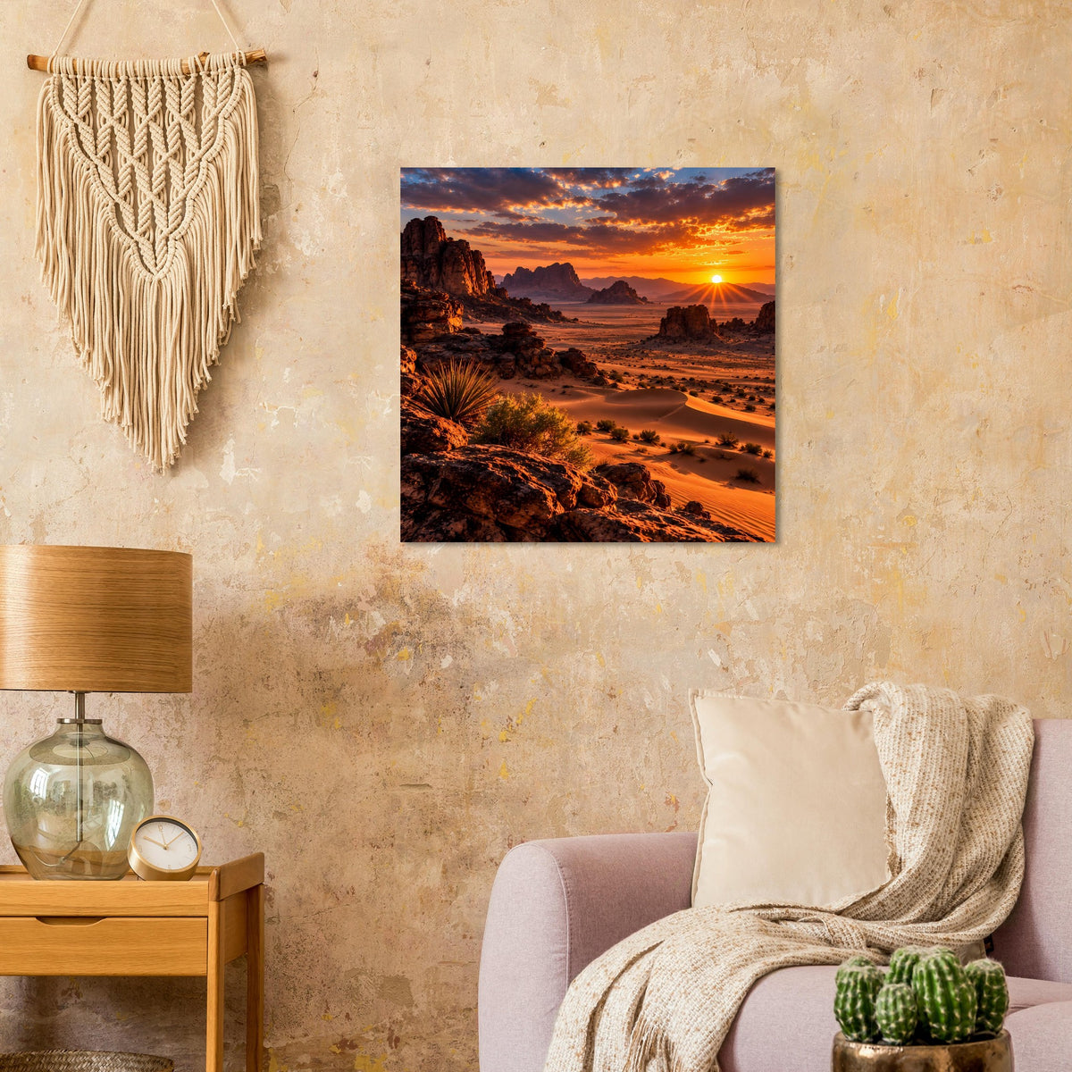 Wüstenlandschaft-Poster mit orangefarbener Sonne, Dünen und Felsenlandschaft im warmen Farbton