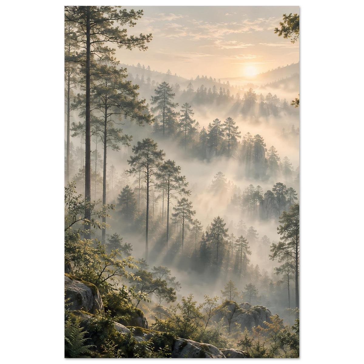 Waldlandschafts-Poster (hochkant) mit Nebelschwaden, Nadelbäumen und goldenem Himmel