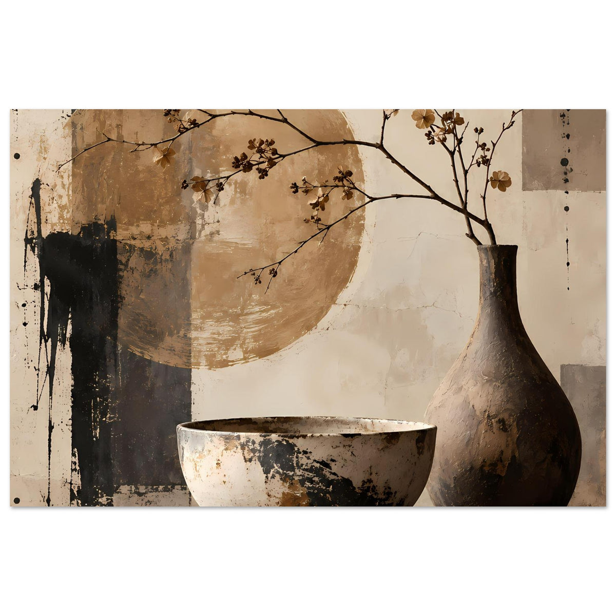 Stilllebenposter mit Vase, Schüssel und Blütenzweigen; großer Halbkreis als Hintergrundmotiv