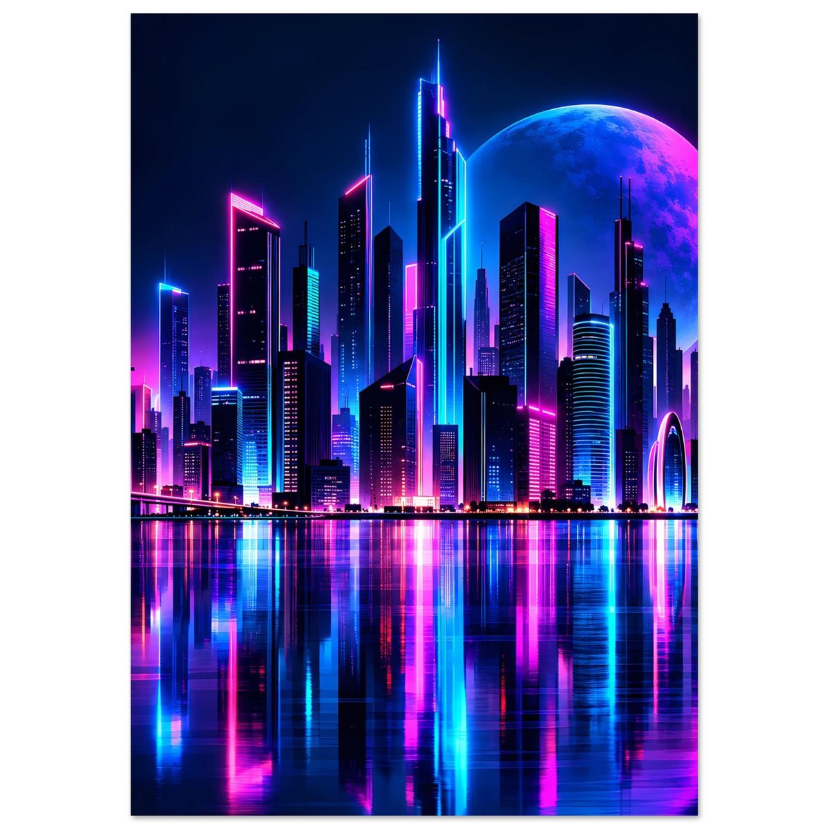 Neon-Stadtlandschaft Poster mit leuchtenden Türmen, blauem Mond und pink-blauen Lichtreflexen