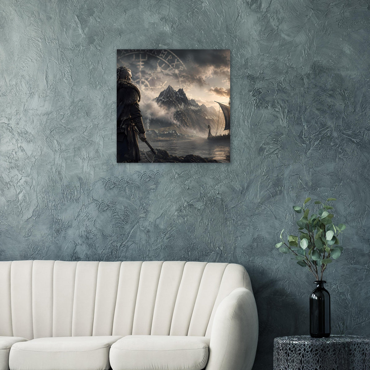 Wandposter mit Wikingerkrieger vor Fjord, Langschiff und mystischem Runenbogen