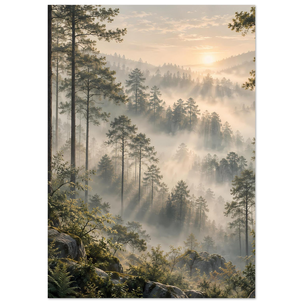 Vertikales Poster mit Tannenwald im Nebel und weichem Licht am Horizont