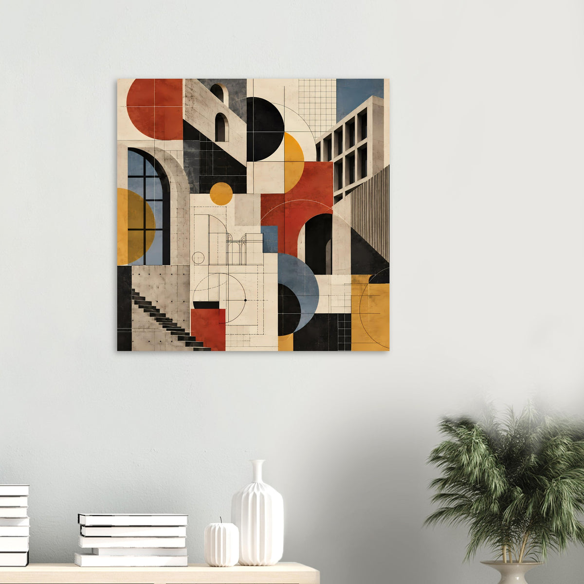 Kunstposter an der Wand: geometrische Architektur in Terrakotta und Schieferblau