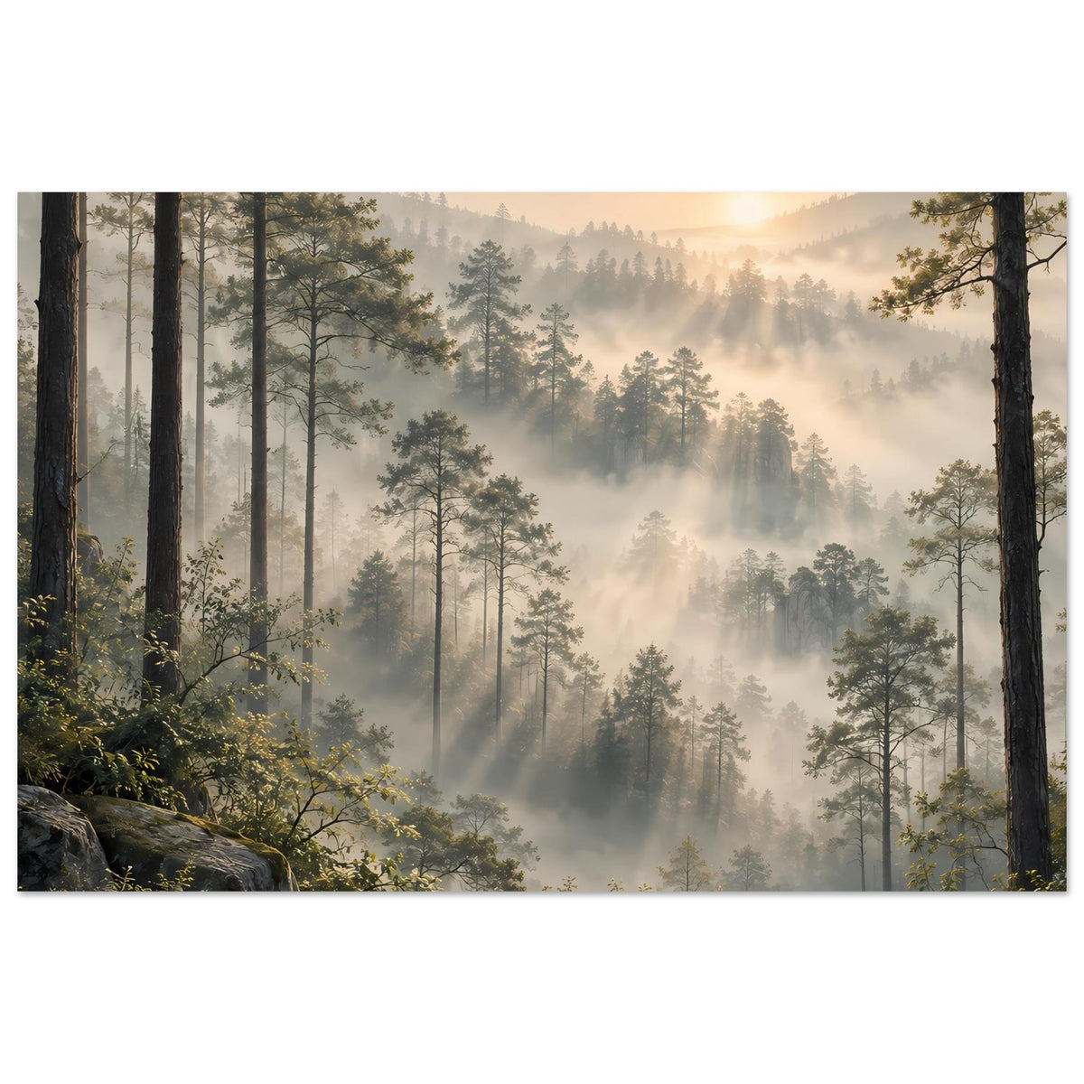 Horizontales Poster: Wald im Morgennebel mit warmen Sonnenstrahlen