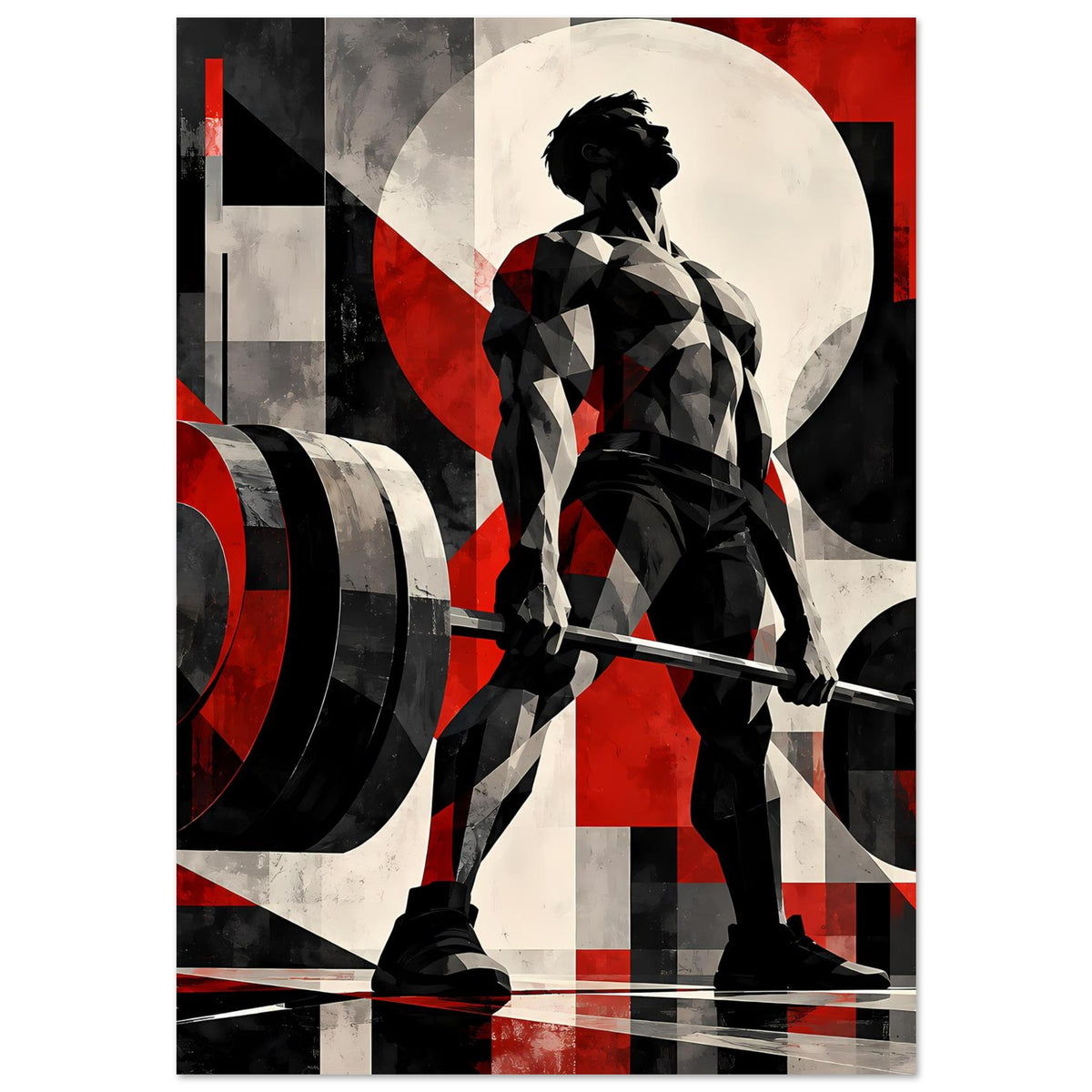 Fitnessposter mit Gewichtheber-Silhouette vor Kreis-Motiv, rote und schwarze Kontrastgrafik