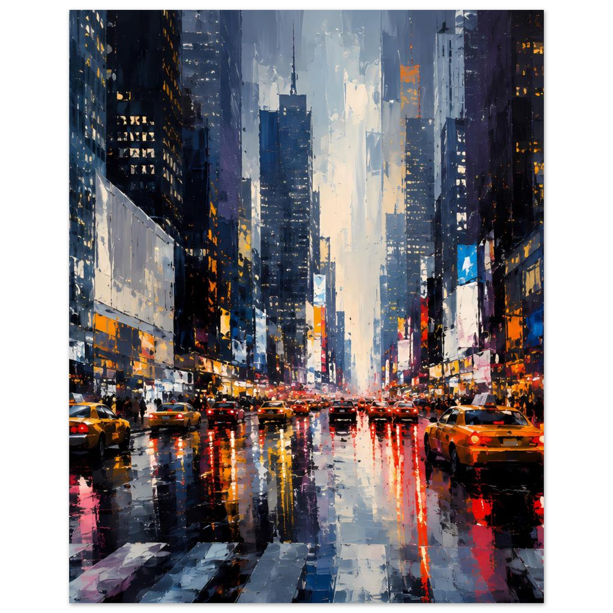 Stadtposter mit Innenstadtblick bei Regen, Hochhäusern, Autolichtern und farbigen Reflexionen