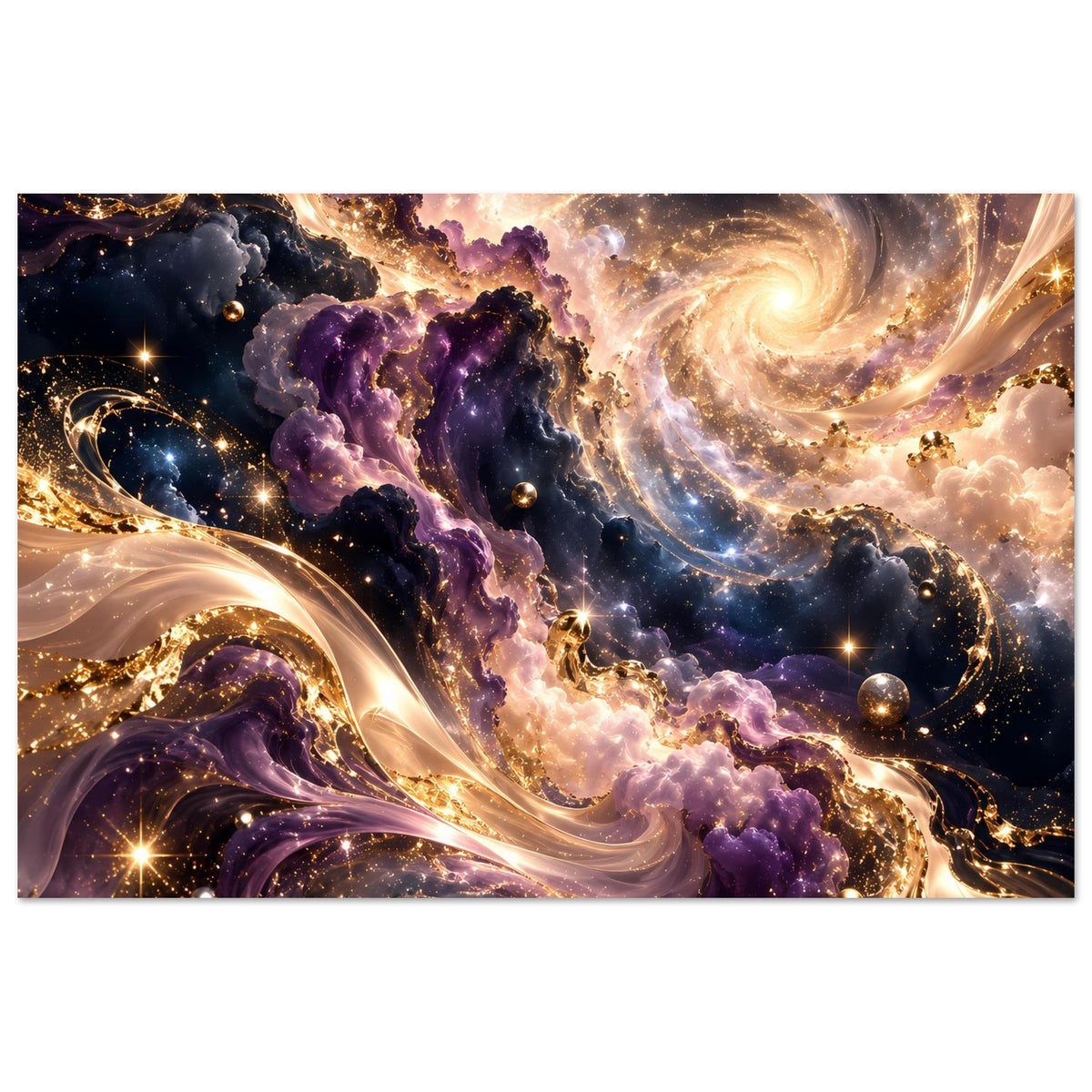Premium-Kunstdruck, Ausschnitt: violette Wolken, goldene Strudelspirale und Sterne
