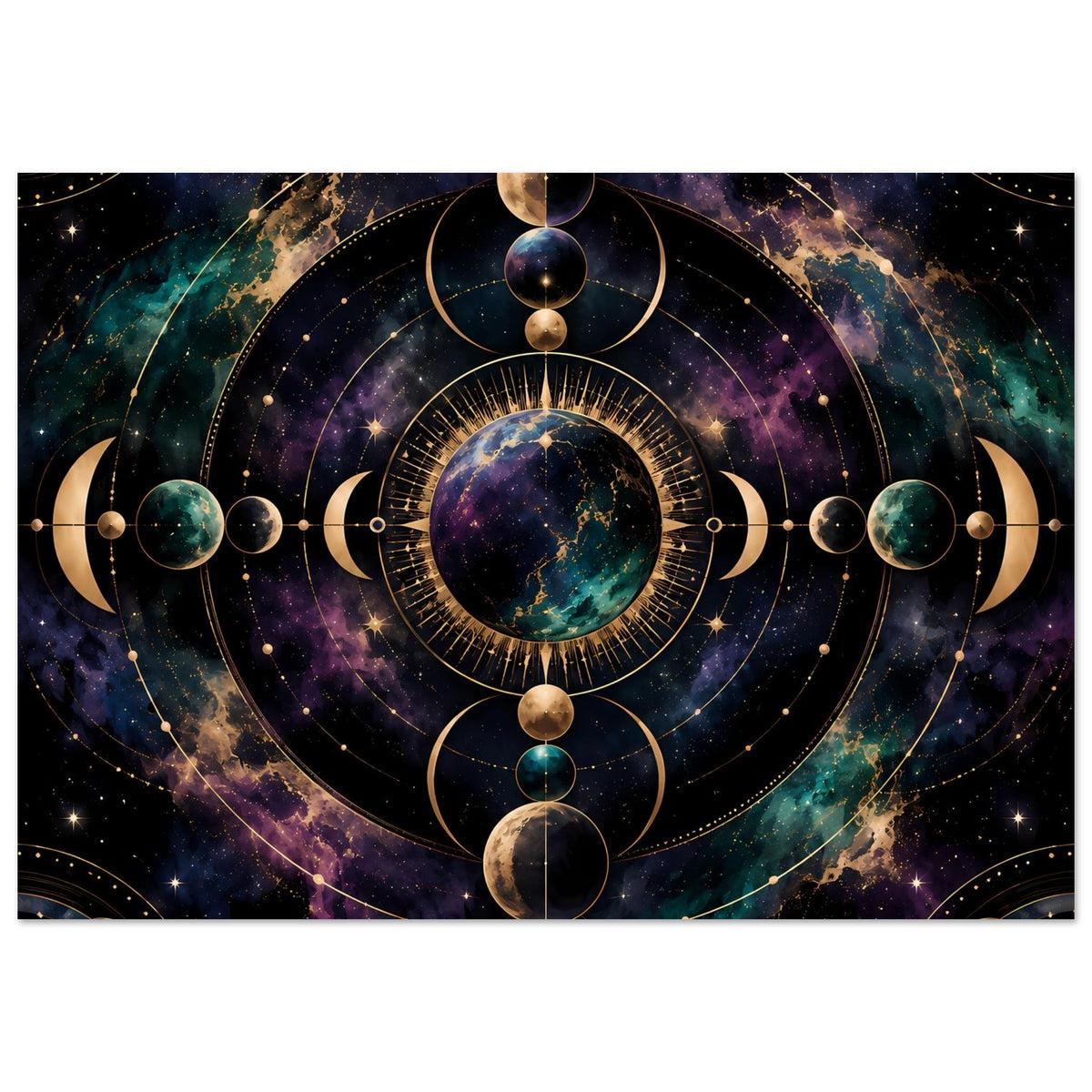 Poster mit kosmischem Mondphasen-Motiv, planetare Bahnen und goldene Symmetrie, Querformat
