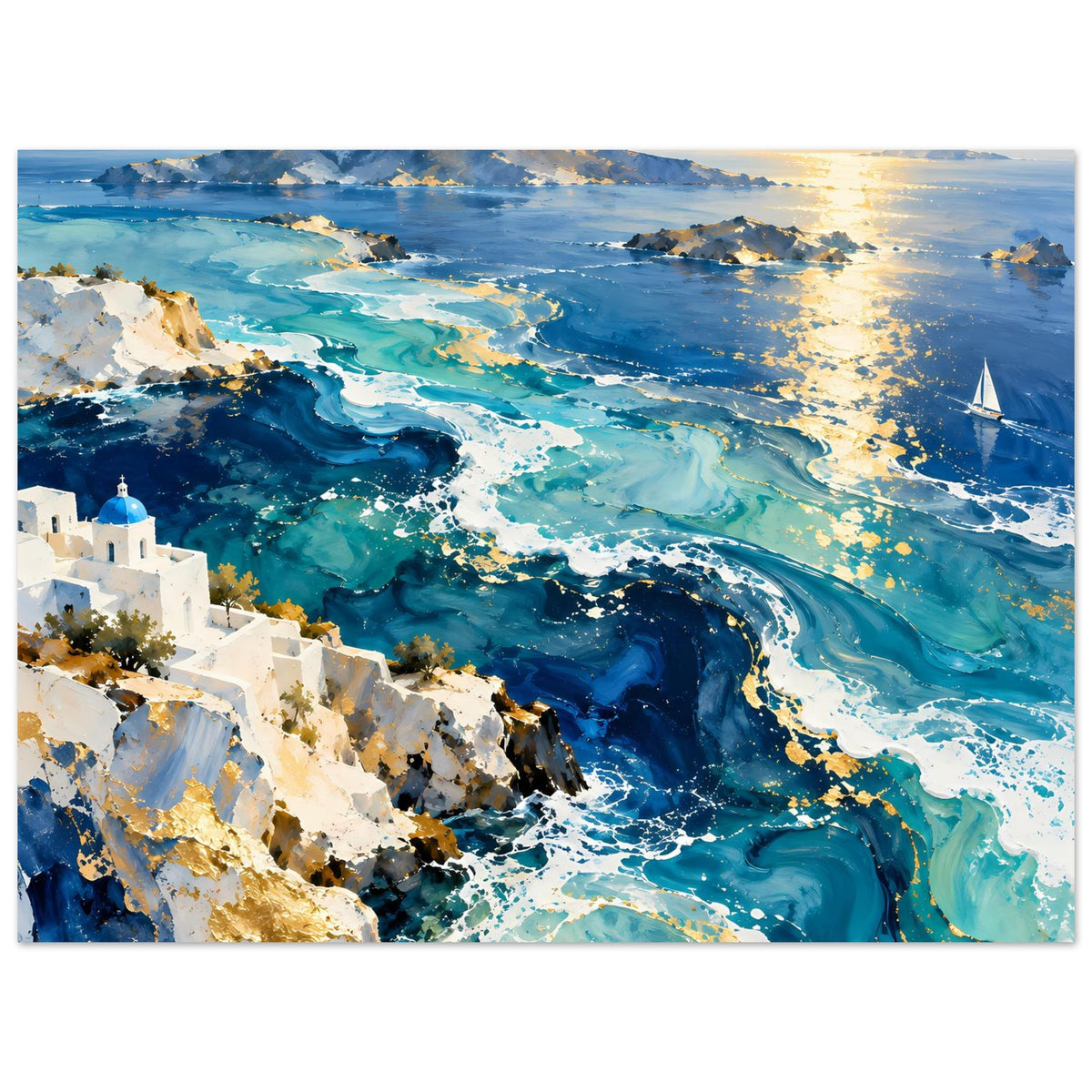 Poster mit türkisblauem Meer, Küste und weißem Gebäude; Segelboot rechts
