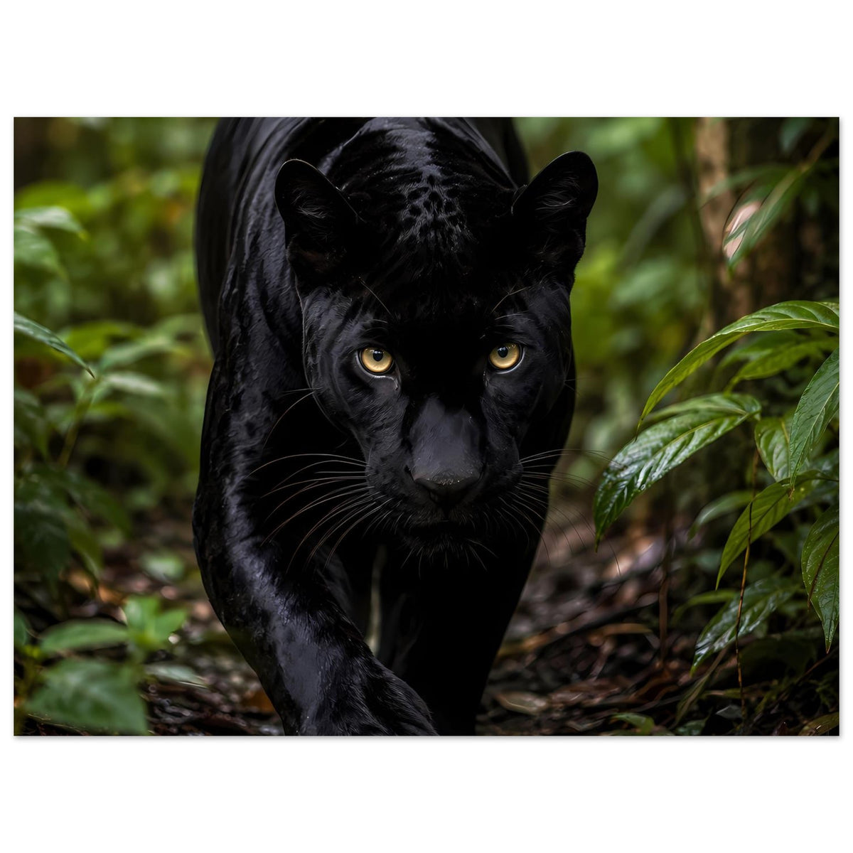 Poster mit schwarzem Panther im Wald, ruhiger Blick, Kopf nah