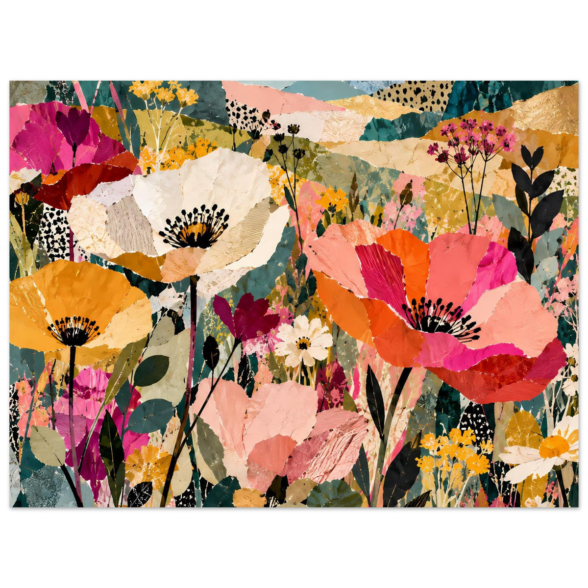 Blumen-Collage-Poster mit bunten Blüten und Landschaftselementen im Querformat