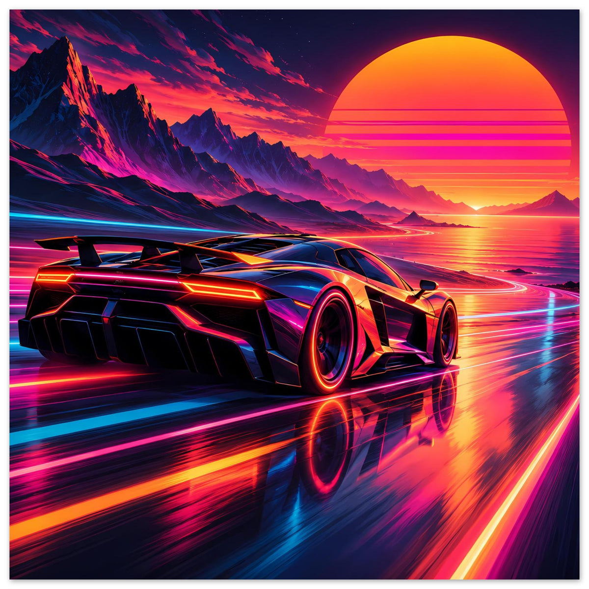 Poster mit futuristischem Sportwagen, Neonfarben, orangefarbener Sonne und Lichtspuren