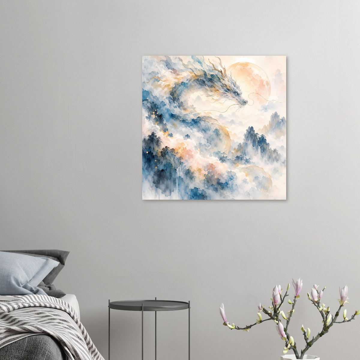 Aquarellposter kleinformat mit Drachen über Wolken und Bergen in Blau und Pastell