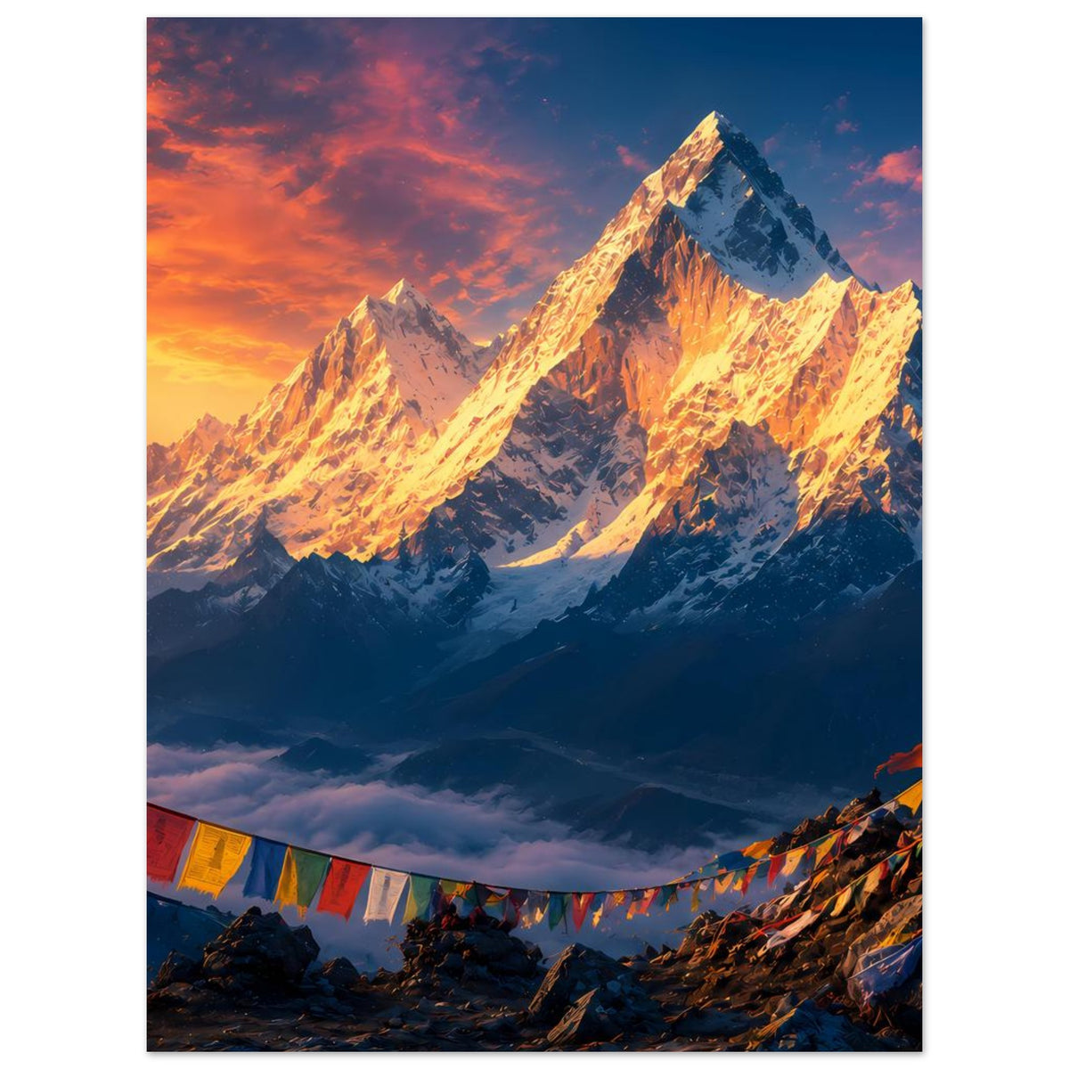 Poster mit schneebedeckten Himalaya-Gipfeln im Sonnenaufgang, Wimpelgirlande unten.