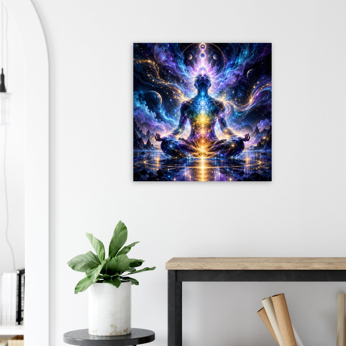 Spirituelles Poster mit Chakrafigur in ruhiger Meditationspose und reflektierendem Lichteffekt