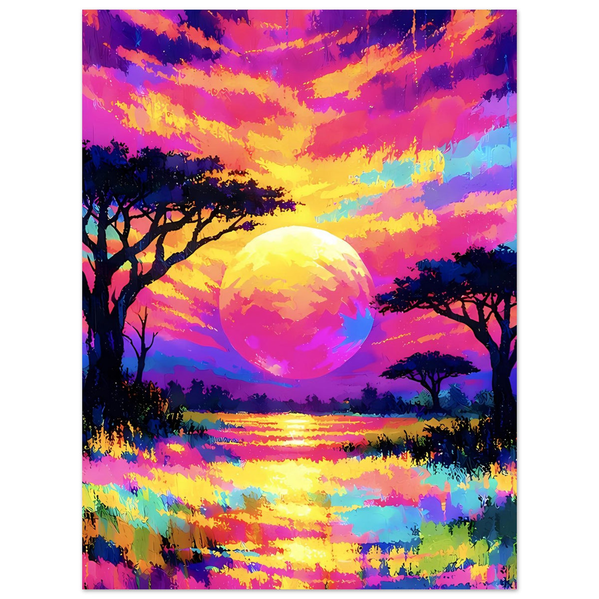 Neon-Sonnenuntergang Poster mit großer Sonne, silhouettierten Bäumen und reflektierendem See