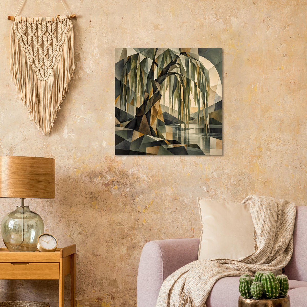 Wandposter mit geometrischem Baum-Motiv, polygonale Flächen in Grün- und Braunnuancen