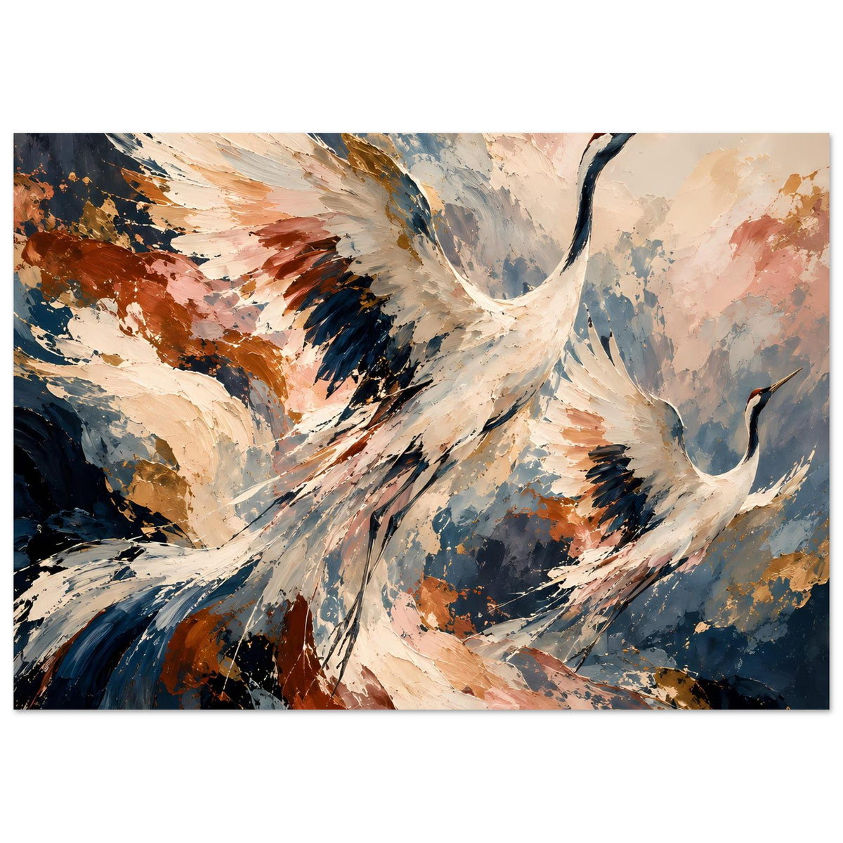 Horizontales Poster: fliegende Kraniche in sanften Erdtönen, abstrakte Malerei mit Spritzpunkten