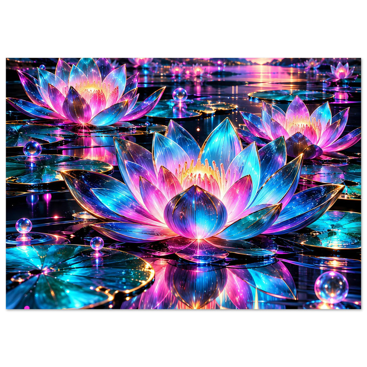 Neon-Lotus Poster mit leuchtenden Blüten und Spiegelung auf einer farbigen Wasseroberfläche